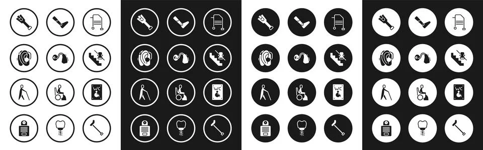 Set Walker, Hearing aid, Prosthesis leg, Disabled elevator, Separated toilet for Stock Illustration