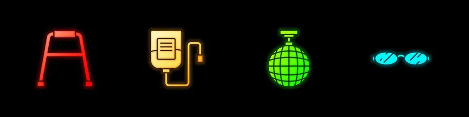 Set Walker, IV bag, Disco ball and Eyeglasses icon. Vector Stock Illustration