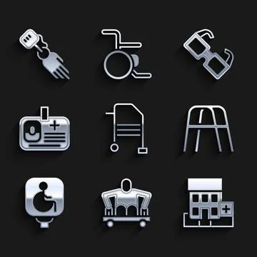 Set Walker, Man without legs sitting wheelchair, Medical hospital building,.. Stock Illustration
