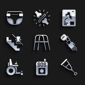 Set Walker, Press the SOS button, Crutch or crutches, Prosthesis hand, Electric 库存插图