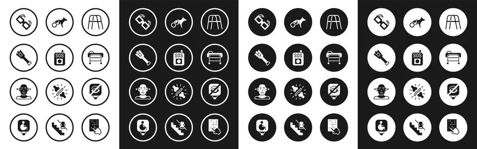 Set Walker, Press the SOS button, Prosthesis leg, Eyeglasses, Stretcher, Dog in Stock Illustration