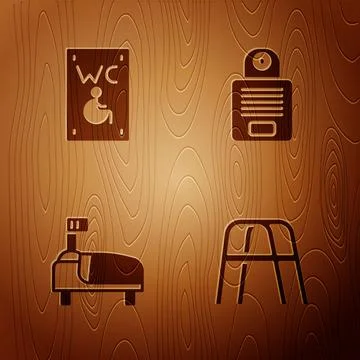 Set Walker, Separated toilet for disabled, Hospital bed and Intercom on wooden Stock Illustration