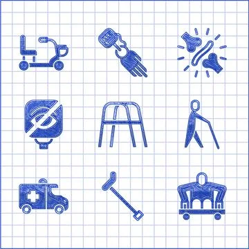 Set Walker, Walking stick cane, Man without legs sitting wheelchair, Blind human Stock Illustration