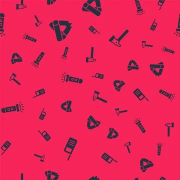 Set Walkie talkie, Campfire, Flashlight and Firefighter axe on seamless pattern イラスト素材