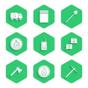 Set Walkie talkie, Fire flame, Pickaxe, Phone with emergency call 911 Illustration
