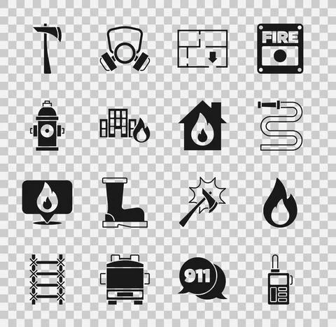 Set Walkie talkie, Fire flame, hose reel, Evacuation plan, in burning buildings Illustration