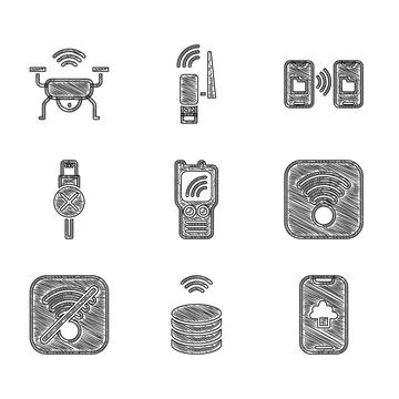 Set Walkie talkie, Smart data server, Cloud technology, Wi-Fi wireless internet 스톡 일러스트