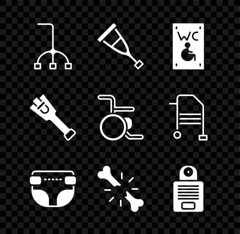Set Walking stick cane, Crutch or crutches, Separated toilet for disabled, Adult Stock Illustration