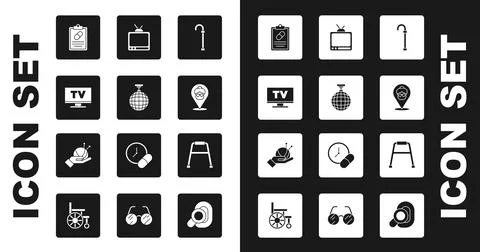 Set Walking stick cane, Disco ball, Smart Tv, Medical prescription, Nursing home Illustration