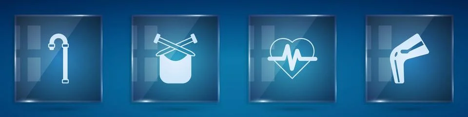 Set Walking stick cane, Knitting, Heart rate and Bone pain. Square glass pa.. Stock Illustration