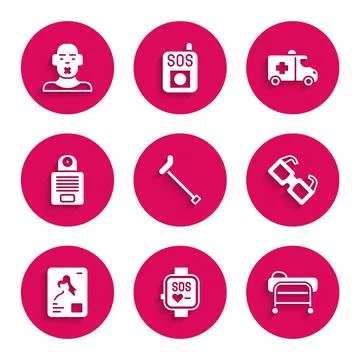 Set Walking stick cane, Smart watch, Stretcher, Eyeglasses, X-ray shots Stock Illustration