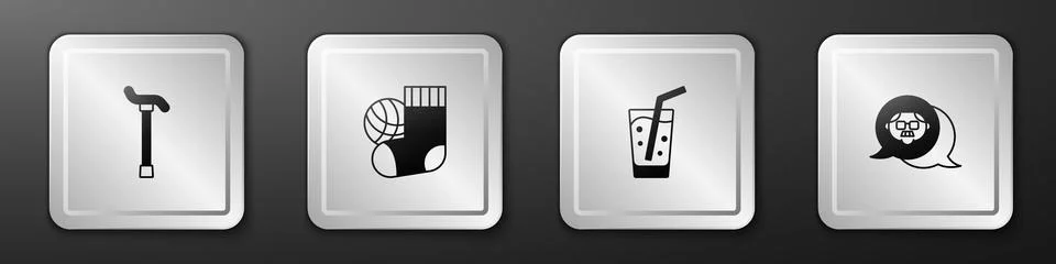 Set Walking stick cane, Socks, Glass with water and Grandfather icon. Silver Stock Illustration