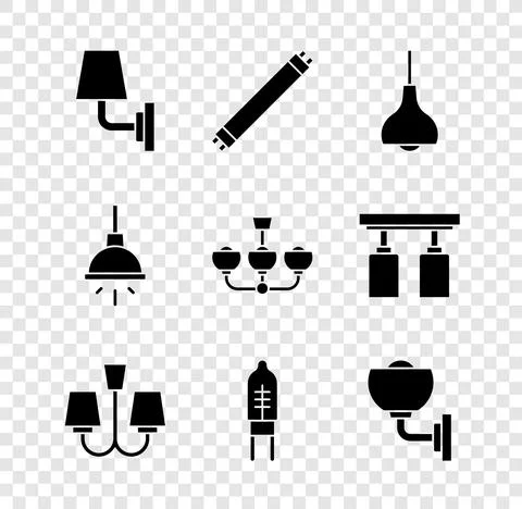 Set Wall lamp or sconce, Fluorescent, Lamp hanging, Chandelier, Light emitting Stock Illustration