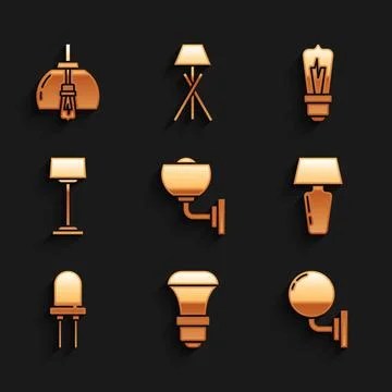 Set Wall lamp or sconce, LED light bulb, Table, Light emitting diode, Floor, and Stock Illustration