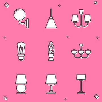 Set Wall lamp or sconce, Chandelier, Light bulb, Floor, Table and icon. Vector Stock Illustration