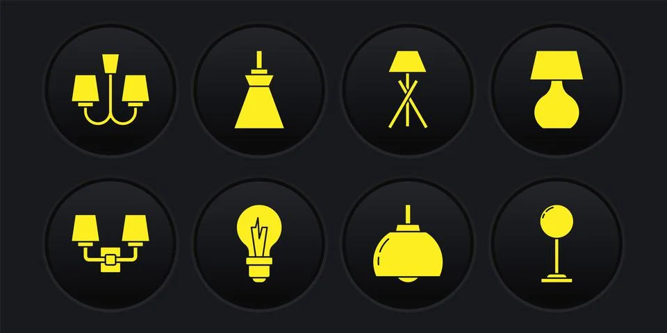 Set Wall lamp or sconce, Table, Light bulb, Chandelier, Floor, Lamp hanging,  Stock Illustration