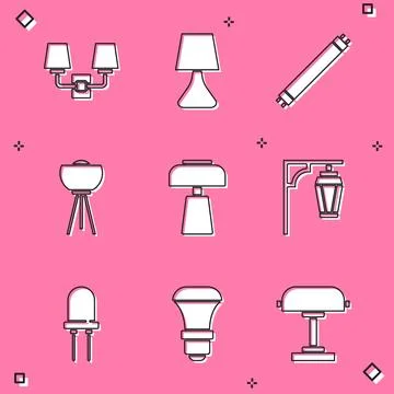 Set Wall lamp or sconce, Table, Fluorescent, Floor, Vintage street light, Light Stock Illustration