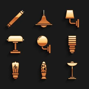 Set Wall lamp or sconce, Floor, LED light bulb, Light, Table,  and Fluoresc.. Stock Illustration