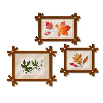 A set of wall-mounted compositions with autumn dried leaves isolated on white Stock Illustration