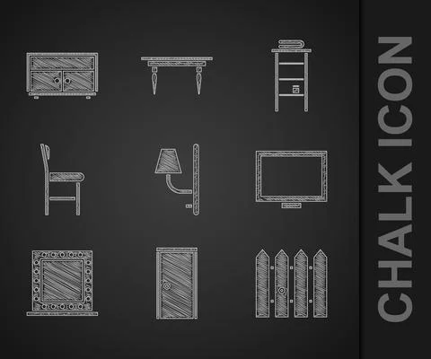 Set Wall sconce, Closed door, Garden fence wooden, Picture frame table, Makeup Stock-Illustration