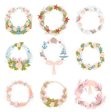 Set of wall wreaths with a nautical theme. Vector illustration. Stock Illustration