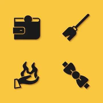 Set Wallet, Bow tie, Hand holding fire and Witches broom icon with long shadow Ilustração Stock