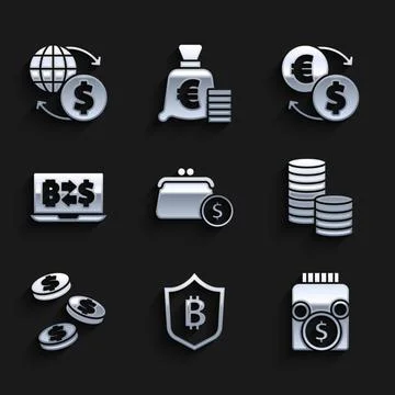 Set Wallet with coins, Shield bitcoin, Glass money jar, Coin dollar, Crypto.. Stock Illustration