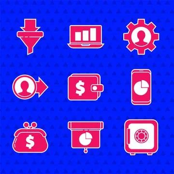 Set Wallet with dollar, Graph, chart, diagram, infographic, Safe, Mobile phone Stock Illustration
