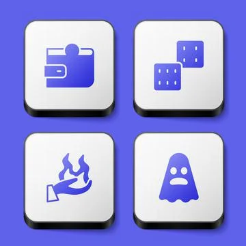 Set Wallet, Game dice, Hand holding fire and Ghost icon. White square button Ilustração Stock