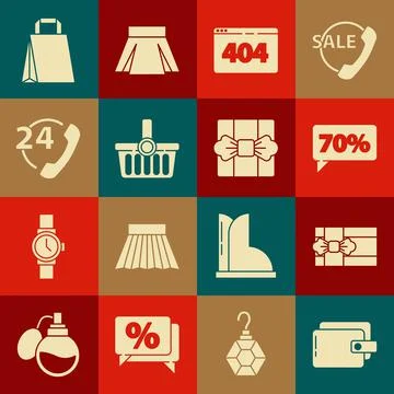 Set Wallet, Gift box, Seventy discount percent tag, Page with 404 error Stock Illustration