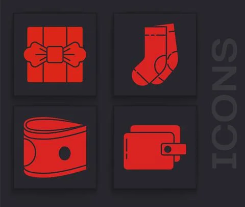 Set Wallet, Gift box, Socks and Stacks paper money cash icon. Vector 스톡 일러스트