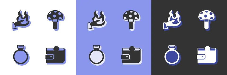 Set Wallet, Hand holding fire, Magic stone ring and Psilocybin mushroom icon. Ilustração Stock