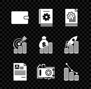 Set Wallet, User manual, Document with graph chart, Resume, Safe and money,.. Stock Illustration