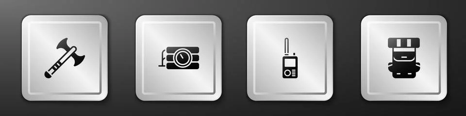 Set War axe, Dynamite and timer clock, Walkie talkie and Hiking backpack icon Stock Illustration