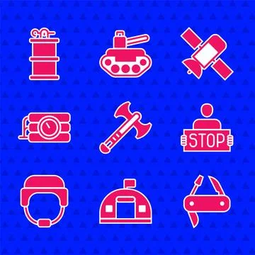 Set War axe, Military barracks, Swiss army knife, Stop war, helmet, Dynamit.. Stock Illustration