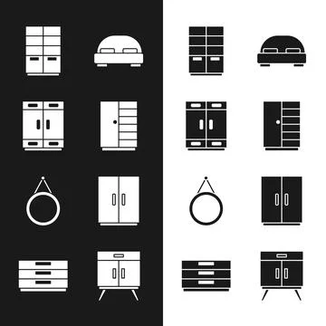 Set Wardrobe, Big bed, Mirror, Chest of drawers and icon. Vector Stock Illustration