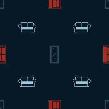 Set Wardrobe, Big full length mirror and Sofa on seamless pattern. Vector Stock Illustration