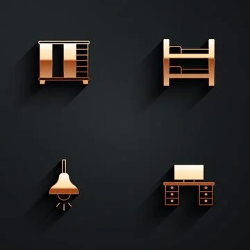 Set Wardrobe, Bunk bed, Lamp hanging and Office desk icon with long shadow. V Stock Illustration