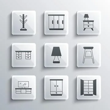 Set Wardrobe, Chair, Table lamp, TV table stand, Office desk, Coat and Illustrazione stock