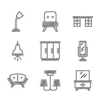 Set Wardrobe, Chandelier, Dressing table, Big full length mirror, Sofa, Lamp Stock Illustration