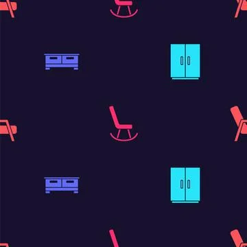 Set Wardrobe, Chest of drawers, Armchair and on seamless pattern. Vector Stock Illustration
