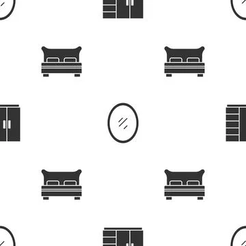Set Wardrobe, Mirror and Big bed on seamless pattern. Vector Illustration