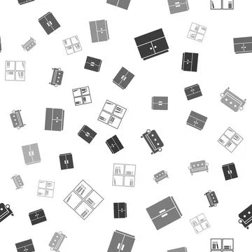 Set Wardrobe, , Sofa and Shelf with books on seamless pattern. Vector Stock Illustration
