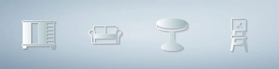 Set Wardrobe, Sofa, Round table and Chair. Paper art style. Vector Stock Illustration