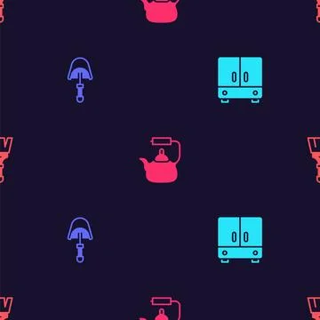Set Wardrobe, Spatula, Kettle with handle and Paint brush on seamless pattern Stock Illustration