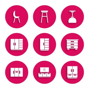 Set Wardrobe, TV table stand, Furniture nightstand, Lamp hanging and Armchair Stock Illustration