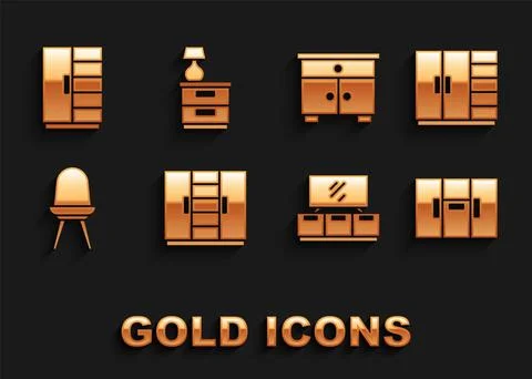 Set Wardrobe, TV table stand, Chair, Furniture nightstand, and with lamp icon Stock Illustration