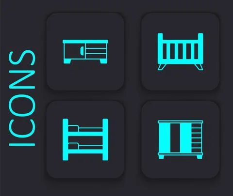 Set Wardrobe, TV table stand, Baby crib cradle bed and Bunk icon. Black square Stock Illustration