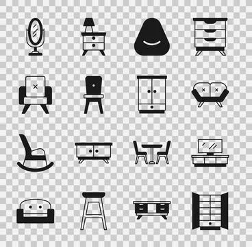 Set Wardrobe, TV table stand, Sofa, Pouf, Chair, Armchair, Mirror and  icon.. Stock Illustration