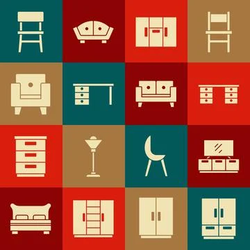 Set Wardrobe, TV table stand, Office desk, Armchair, Chair and Sofa icon. V.. Stock Illustration